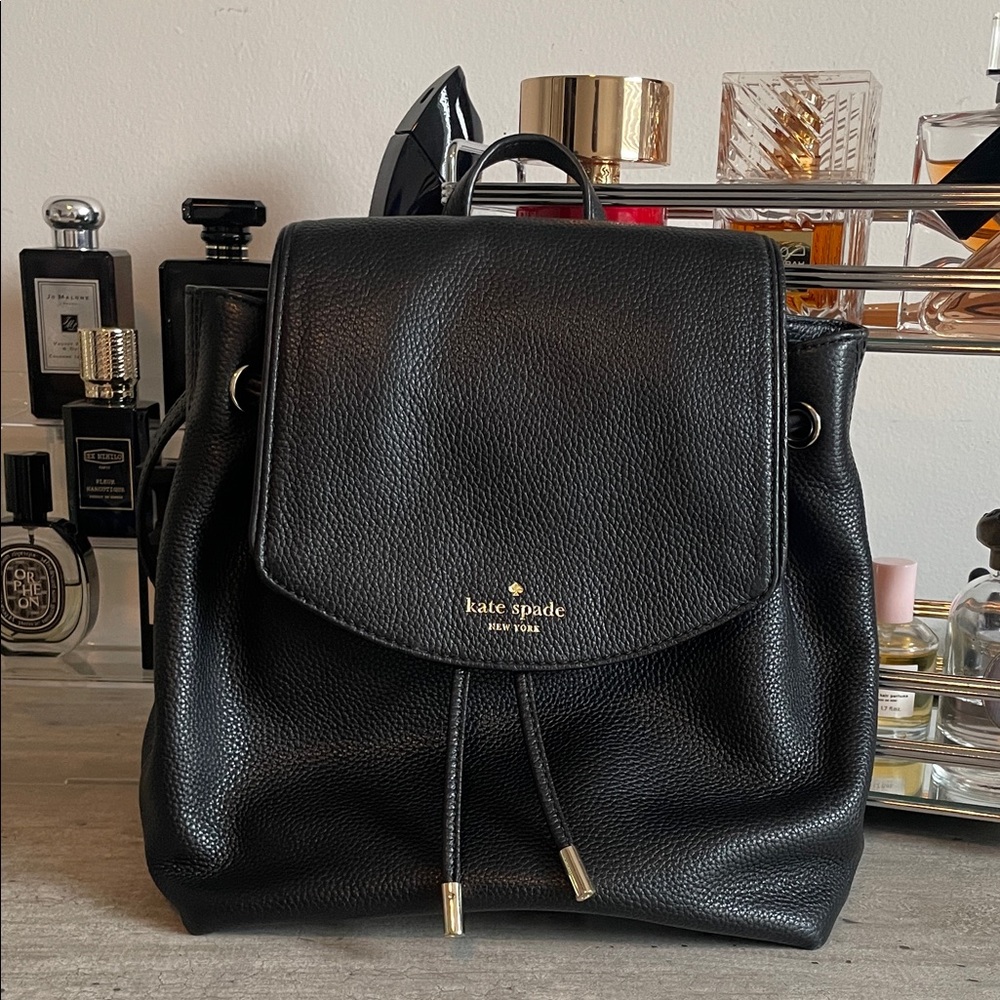 Kate Spade Black Pebbled Leather Backpack Purse Gold Hardware Minimalist Chic